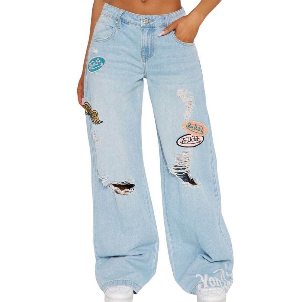 Von Dutch Start Somewhere Baggy Patchwork Distressed Jeans NWOT Women's 7